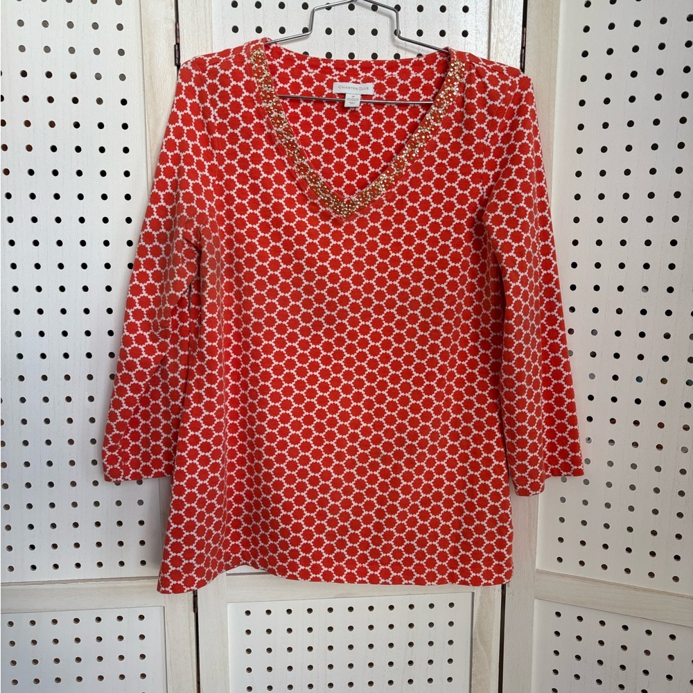 Charter Club Red and White Tunic with Gold Accents